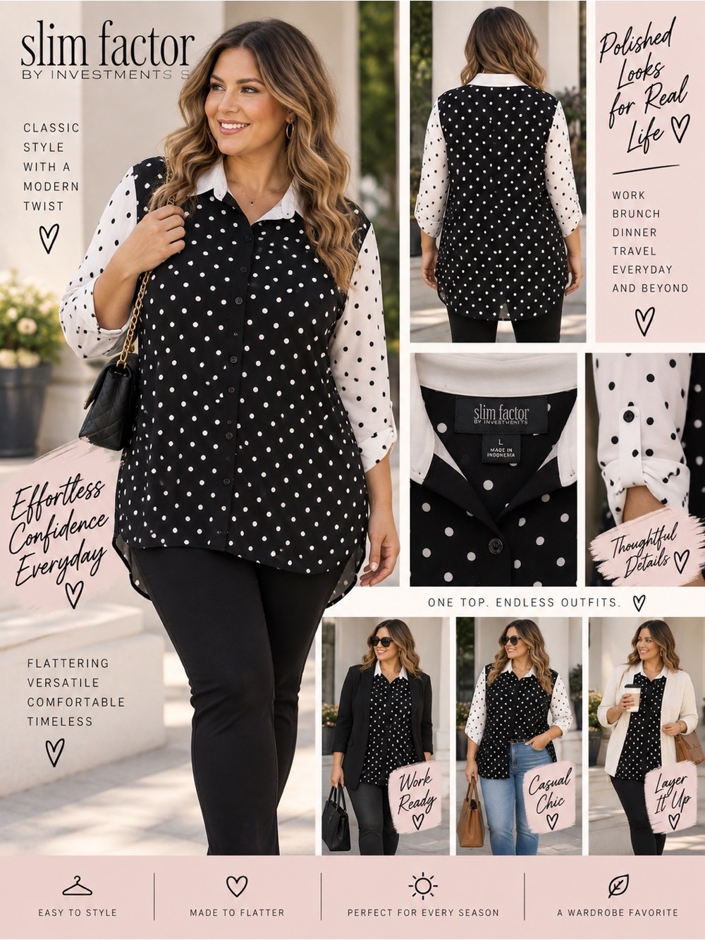 Slim Factor Women Polka Dot Button Down Tunic Blouse Black White Size L